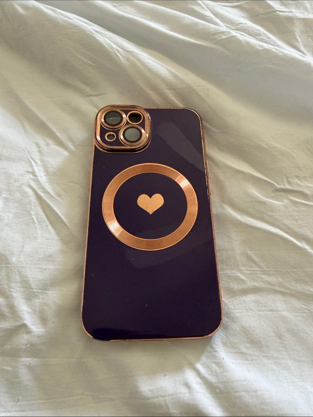 MagSafe-Compatible Purple iPhone 14 Case with Rose Gold Accents and heart design